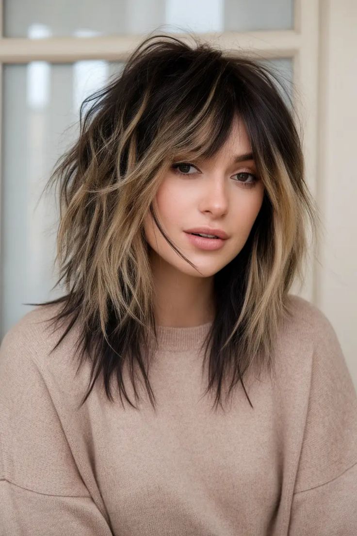 Woman with a shaggy layered hairstyle and bangs, wearing a beige sweater. Shoulder Length Choppy Layers, Choppy Edgy Hair, Medium Textured Haircut, Wolf Haircut Woman, Wolf Cut Medium Hair, Wolf Cut Medium, Long Butterfly Haircut, Vibrant Highlights, Choppy Layered Haircuts