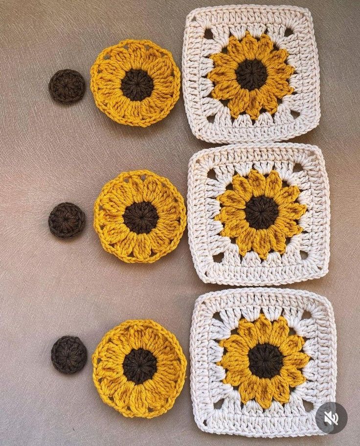 crocheted coasters with sunflowers on them