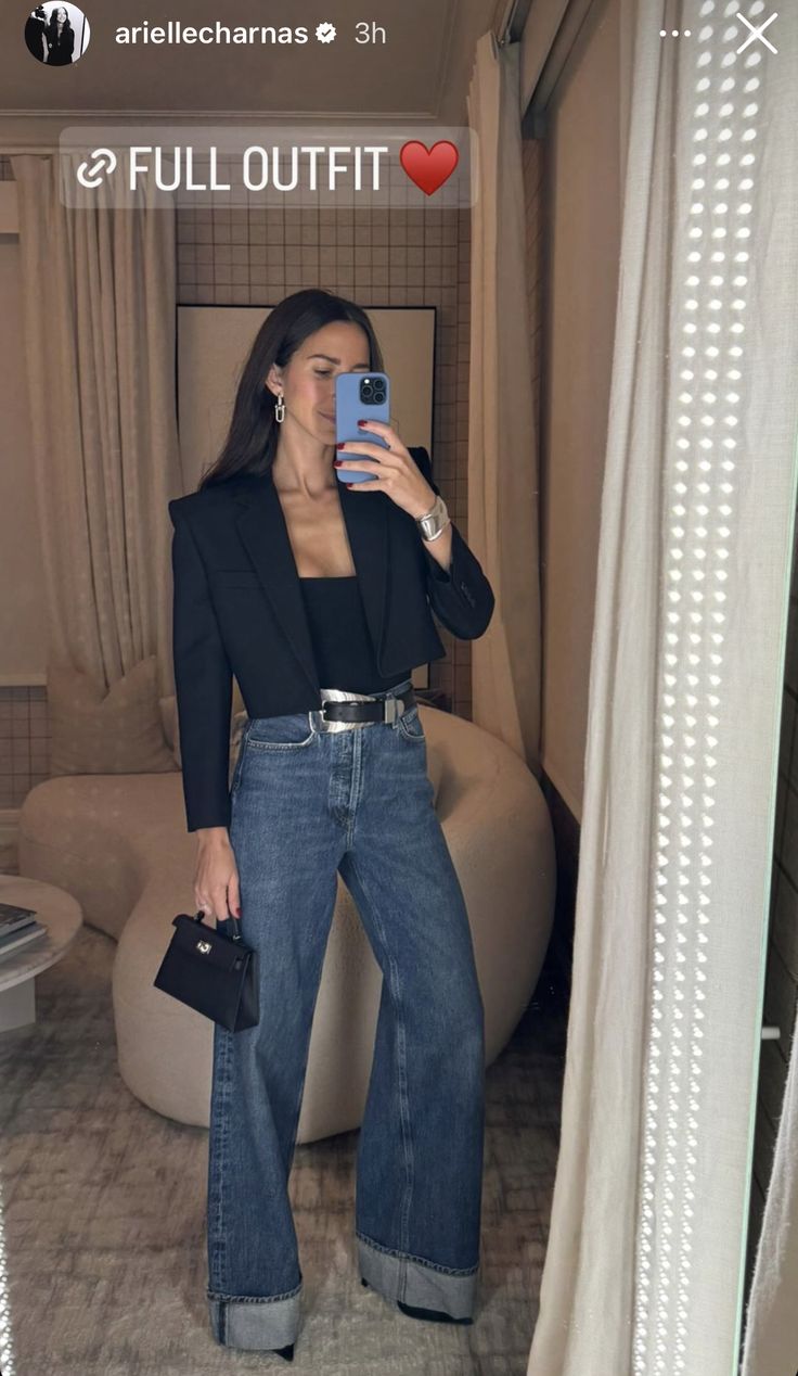 Colbert Outfit, Crop Blazer Outfit, Wide Leg Jeans Outfit, Casual Chic Outfits, Looks Party, Outfit Jeans, Night Out Outfit, Evening Outfits, Casual Chic Outfit