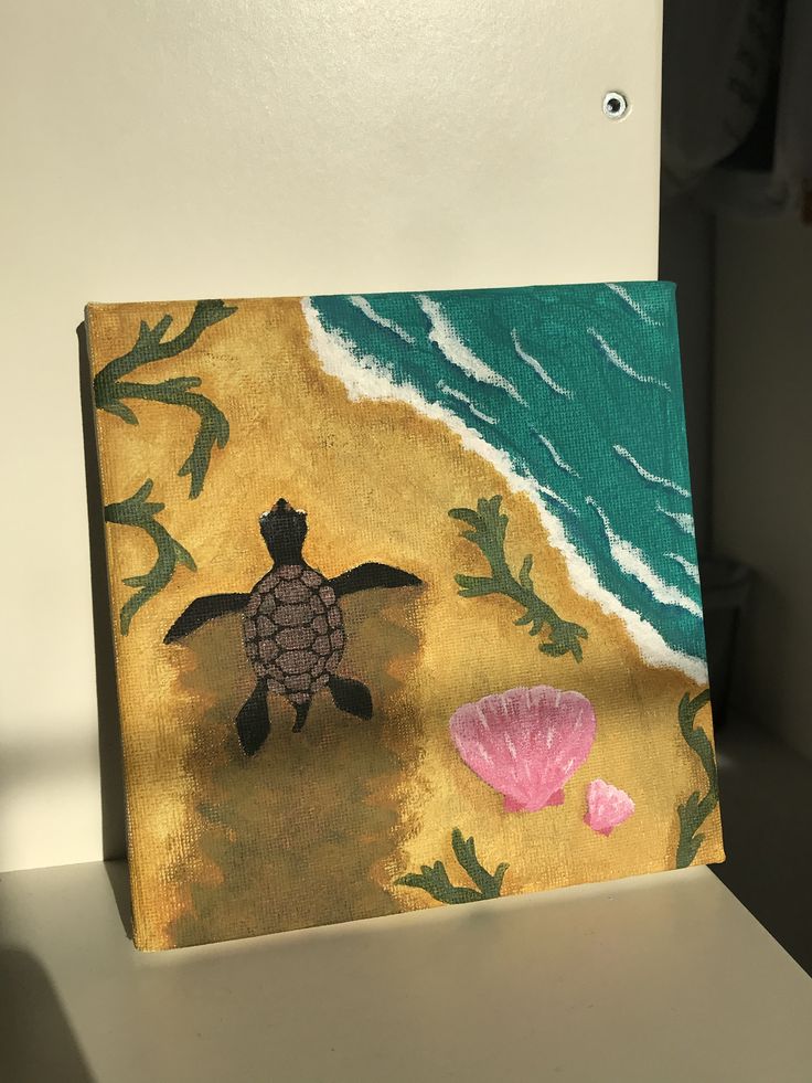 an acrylic painting of a turtle on the beach