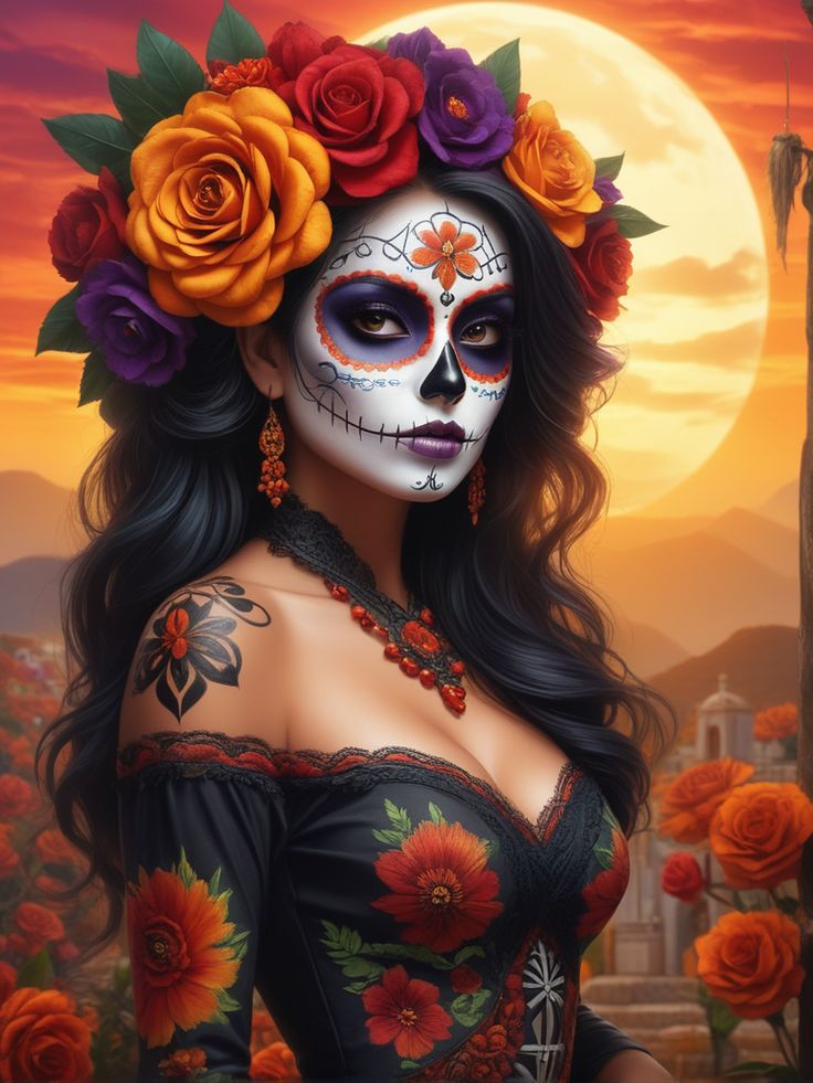 a painting of a woman with makeup and flowers in her hair, wearing a skeleton make - up