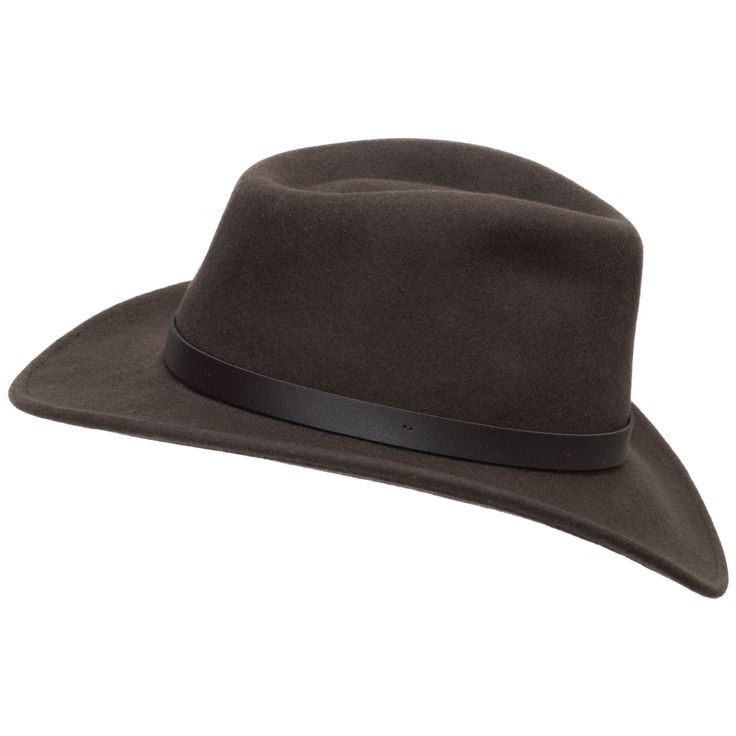 This genuine wool felt hat is trimmed with a genuine leather band. Packable, lightweight with water repellent. It's rugged enough to be folded, stuffed, and then shaken back into its original shape. (Happens to the best of us.) You can wear it with anything - shorts, jeans, formal or informal occasions, and even a business suit. Made in the USA. Material: 100% WoolBrim: 3"Crown: 4 3/8" teardropHatband: 3/4" leatherClimate: Cold Hand-finished in the US. Brown Leather Fedora For Winter, Leather Fedora For Travel In Fall, Leather Fedora For Fall Travel, Fall Travel Leather Fedora, Adjustable Leather Winter Fedora, Winter Brown Fur Felt Hat Band, Brown Wool Felt Hat For Country Events, Brown Fur Felt Hat Bands For Winter, Fitted Hats For Outdoor Fall Activities