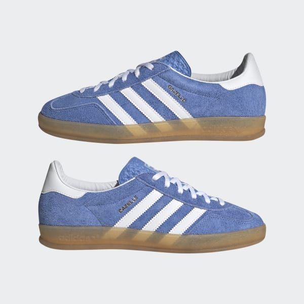 adidas Gazelle Indoor Shoes - Blue | Free Shipping with adiClub | adidas US Blue Gazelle Adidas Outfit, Adidas Gazelle Blue, Gazelle Bold Shoes, Adidas Gazelle Outfit, Cute Adidas Shoes, Adidas Gazelle Indoor, Gazelle Bold, Bold Shoes, Capsule Closet