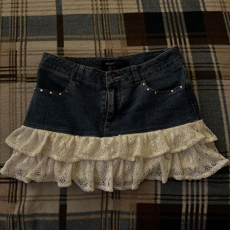 Frilly Denim Skirt, Denim Ruffle Skirt Outfit, Lace Jean Skirt, Jean Skirt With Lace, Low Waisted Jean Skirt, Jean Skirt With Ruffles, Frilly Mini Skirt, Denim Skirt With Lace, Denim Ruffle Skirt