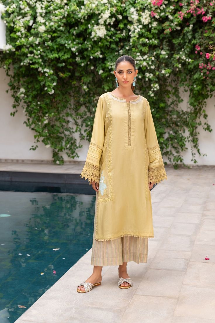 Get Clio-Stunning Attire | Sasha Summer Basics Collection Silk Long Sleeve Palazzo Set For Summer, Silk Palazzo Set With Long Sleeves For Summer, Summer Palazzo Set With Embroidered Border, Embroidered Cotton Silk Kurta For Summer, Summer Embroidered Cotton Silk Kurta, Summer Silk Palazzo Set With Resham Embroidery, Cotton Silk Straight Kurta Set For Spring, Spring Cotton Silk Sets With Embroidered Border, Spring Silk Sets With Embroidered Border