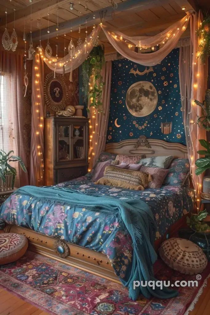 a bedroom decorated in blue and pink with fairy lights