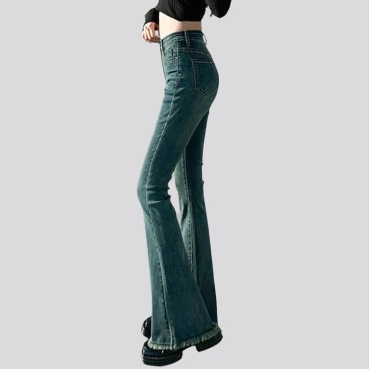 Introducing our laid-back style rock-washed jeans for women from the 2023 Autumn Collection a modern design with retro flairs that nods to the past while keeping up with today's couture trends!Why You'll Love ItPatterned with the modern-forward woman in mind. these jeans promise to bring out your inner fashionista. The quintessential elevated-waist design. combined with a zipper & button closure. ensures all-day comfort and a perfect cut. The pebble-washed finish gives it a unique texture that s Retro High Waist Flare Jeans For Fall, Retro High Rise Flare Jeans With Frayed Hem, Retro High Rise Stretch Flare Jeans, Retro High Waist Jeans For Fall, Retro Stretch High Rise Flare Jeans, Stretch High Rise Retro Flare Jeans, Trendy Denim Blue Full-length Flares, Trendy Denim Blue Full Length Flares, Retro Denim Jeans For Fall