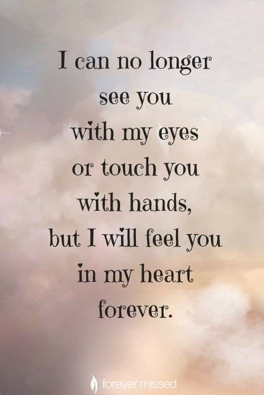 a quote that reads i can no longer see you with my eyes or touch you with hands, but i will feel you in my heart forever