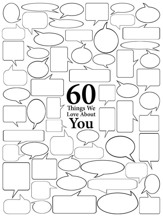 an adult coloring page with speech bubbles and the words, 60 things we love about