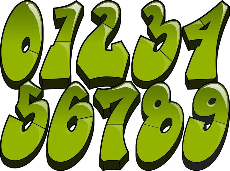 the numbers are green with black letters and numbers below each one, all in different sizes