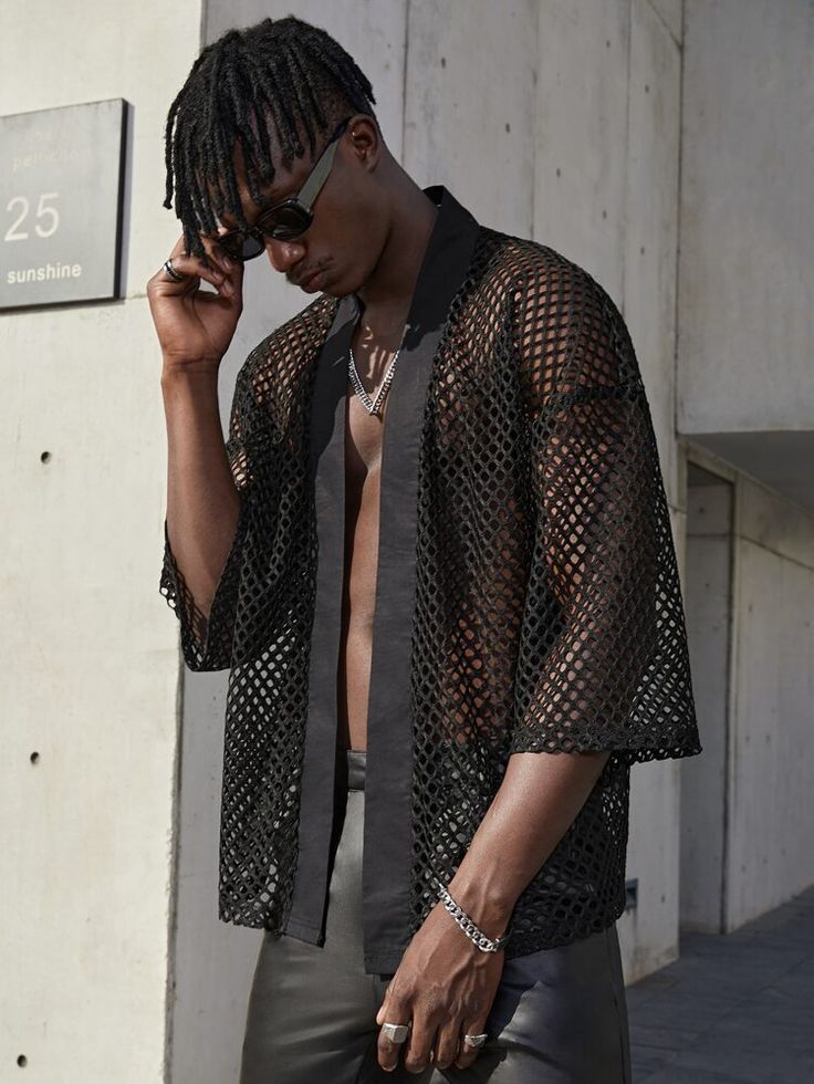 Free Returns ✓ Free Shipping✓. SHEIN Men Open Front Sheer Mesh Shirt- Men Shirts at SHEIN. Tops Transparentes, Rave Men, Haut Transparent, Rave Outfits Men, Festival Outfits Men, Rave Fits, Loose Knit Cardigan, Mesh Cardigan, Streetwear For Men