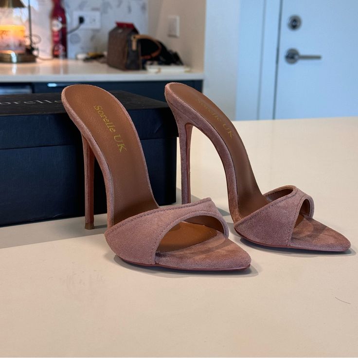 Brand New In Box Blush Taupe Suede 5 Inch Stiletto Heel Dainty Pointy Toe Minimal Barely There Style Super Sexy And Flattering Originally $80 Eu Size 37, Fits Like A 6/6.5 Nude Pink Heels, Pink Heels, Nude Pink, Pink Brown, Stiletto Heel, Mule, Shoes Women Heels, Stiletto Heels, Shoes Heels