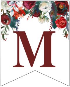 the letter m is made up of flowers and leaves on a white banner with red letters