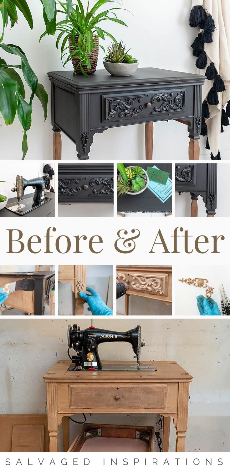 the before and after photos show how to use an old sewing machine as a planter