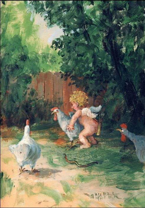 an image of a painting of children playing with chickens