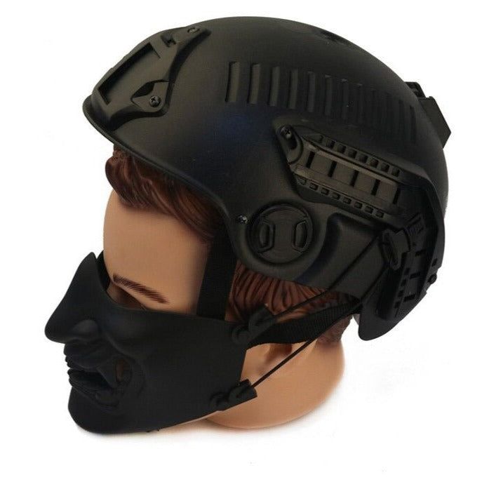 The Techwear Samurai Mask is the perfect way to add a little edge to your look. This tactical mask is made from thick, cool fabric that will keep you protected from dust and dirt. The funny devil design is both stylish and unique, and is sure to turn heads when you wear it. Whether you're hitting the streets or the trails, the Techwear Samurai Mask is a great choice for anyone who wants to make a statement. Black Helmet Shaped Mask For Protection, Black Helmet-shaped Masks And Prosthetics For Protection, Futuristic Black Helmet Mask, Futuristic Black Helmet Mask And Prosthetics, Black Protective Gear With Shock Resistance, Cyberpunk Full Face Mask For Protection, Black Shock Resistant Protective Gear, Shock Resistant Black Protective Gear, Wear-resistant Black Protective Gear For Outdoor