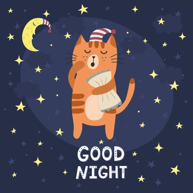 good night card with cute cat and moon