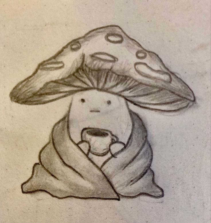 a pencil drawing of a mushroom with a person under it