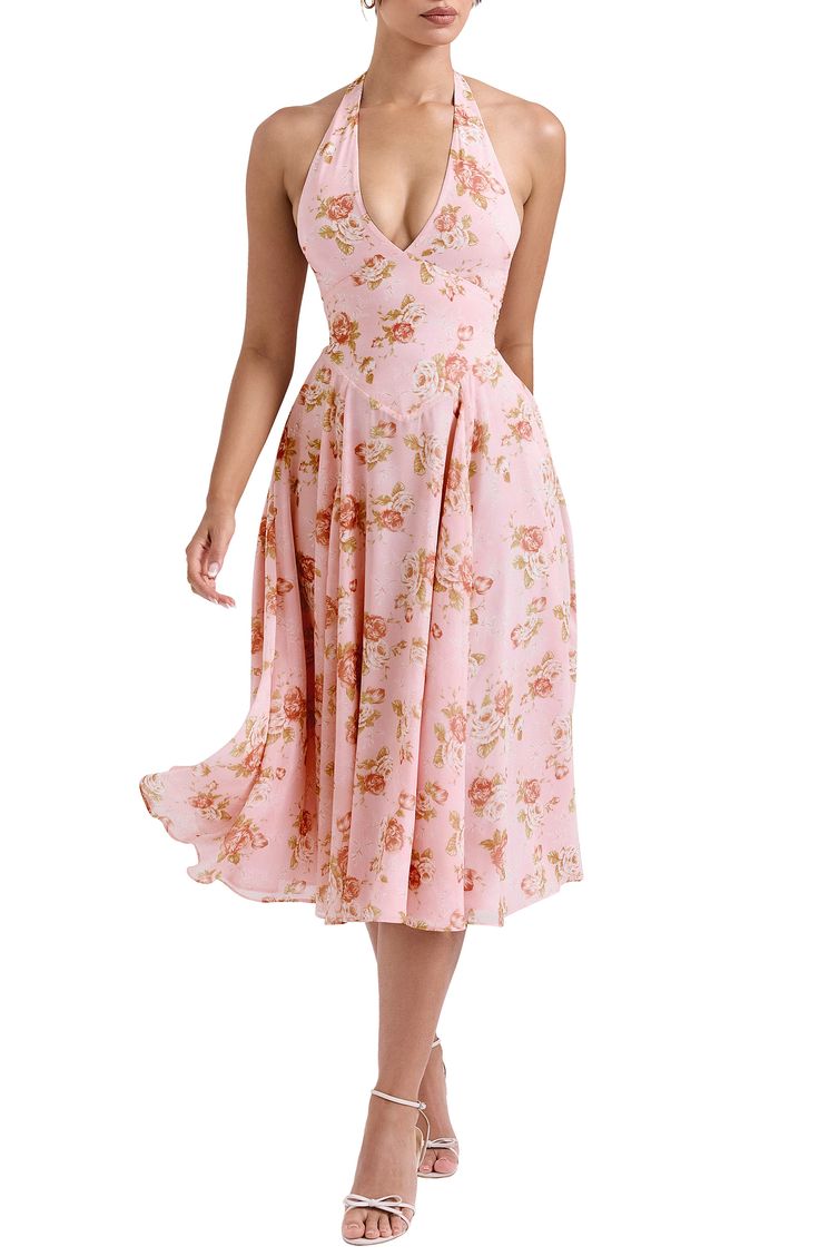 Get ready for garden-party season in a dreamy georgette sundress blooming with a stunning floral print and cut with a back-exposing halter neck. Exclusive retailer Hidden back-zip closure Halter neck Sleeveless, with cutaway shoulders Lined 100% polyester Dry clean Imported Floral Satin Dress, Head Turning Dress, Halter Sundress, Feminine Casual, Hourglass Dress, Floral Halter Dress, Midi Sundress, House Of Cb, Pretty Prints