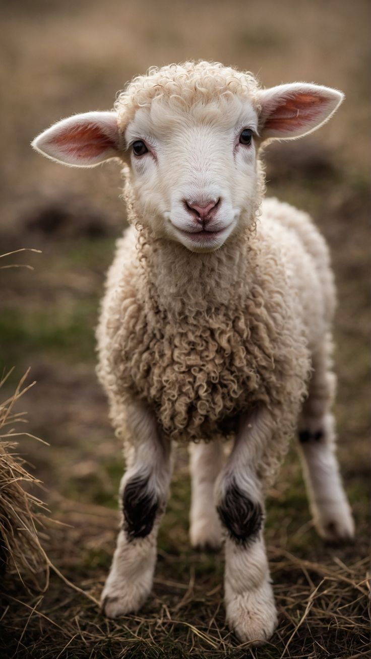 a close up of a sheep standing on dry grass