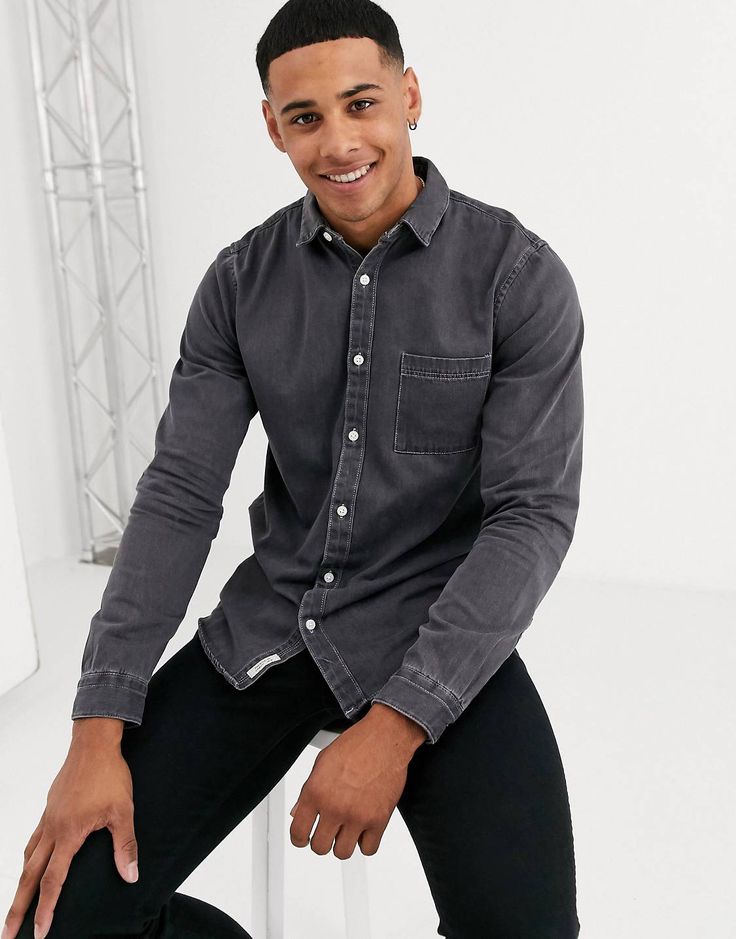 Grey Denim Shirt, Shirt Pant, Grey Denim, Grey Shirt, Grey Fashion, Denim Shirt, Shirt Men, Button Placket, River Island