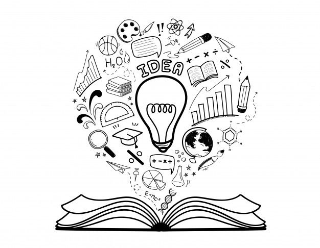 an open book with doodles on it and a light bulb in the middle surrounded by books