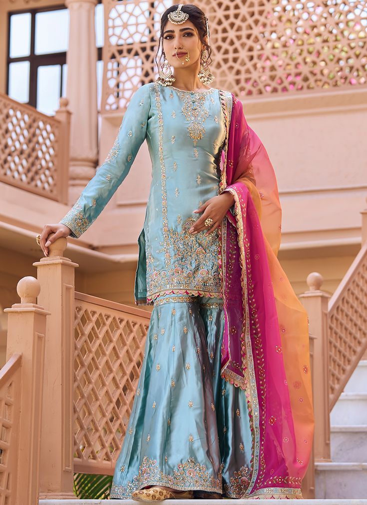 Garara Designs Pakistani Dresses, Fancy Suit Designs, Organza Dupatta Embroidery, Satin Anarkali, Shadi Dress, Gharara Designs, Dupatta Embroidery, Gharara Suits, Asian Dresses