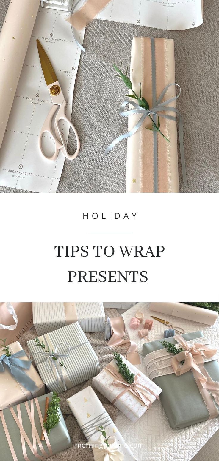 wrapping presents with ribbon and scissors on the table