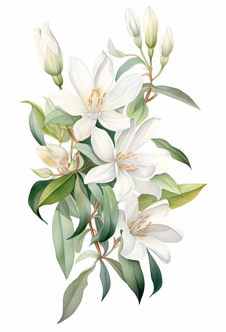 white flowers with green leaves on a white background, watercolor painting illustration stock photo