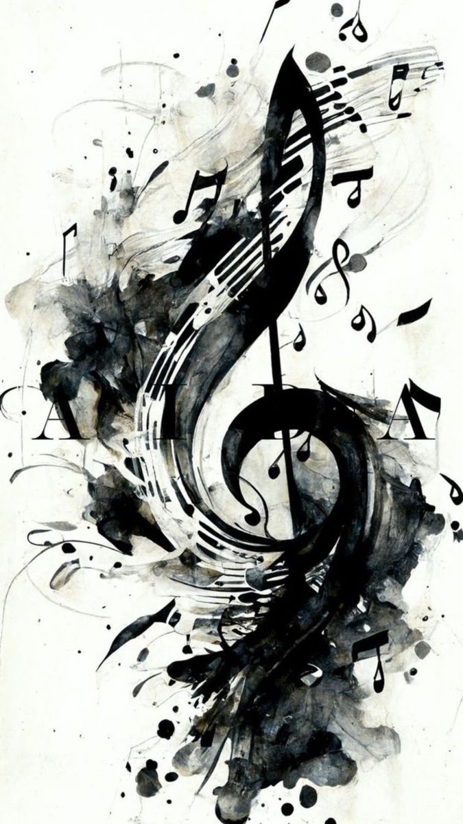 a black and white painting with musical notes