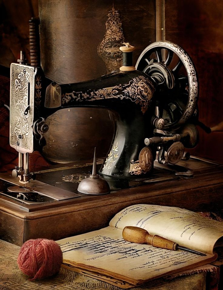 an old sewing machine sitting on top of a table next to some books and yarn