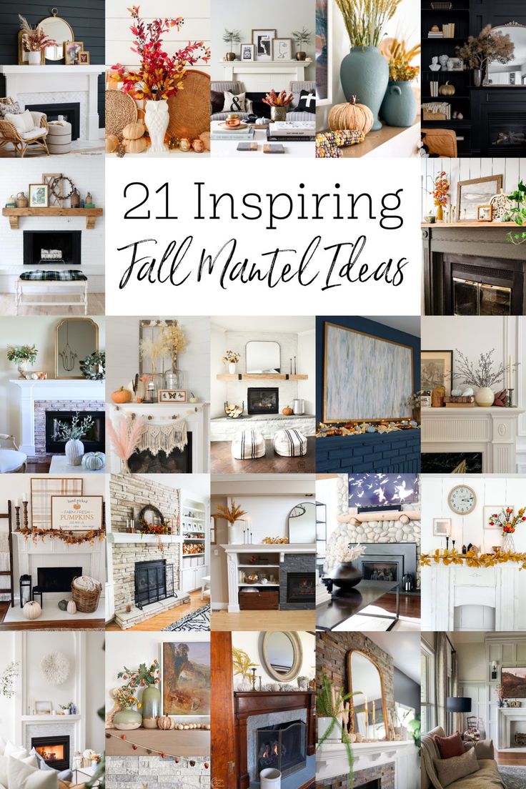 the collage is full of pictures and text that says, 21 inspireing fall mantle ideas