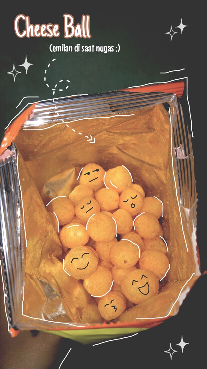 an advertisement for cheese balls with emoticions in the bag and stars on the background