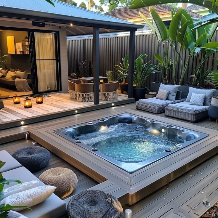 a hot tub sitting on top of a wooden deck next to a couch and table