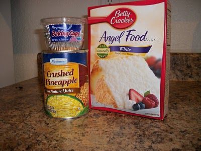 ingredients to make angel food cake sitting on a kitchen counter next to a bag of angel food