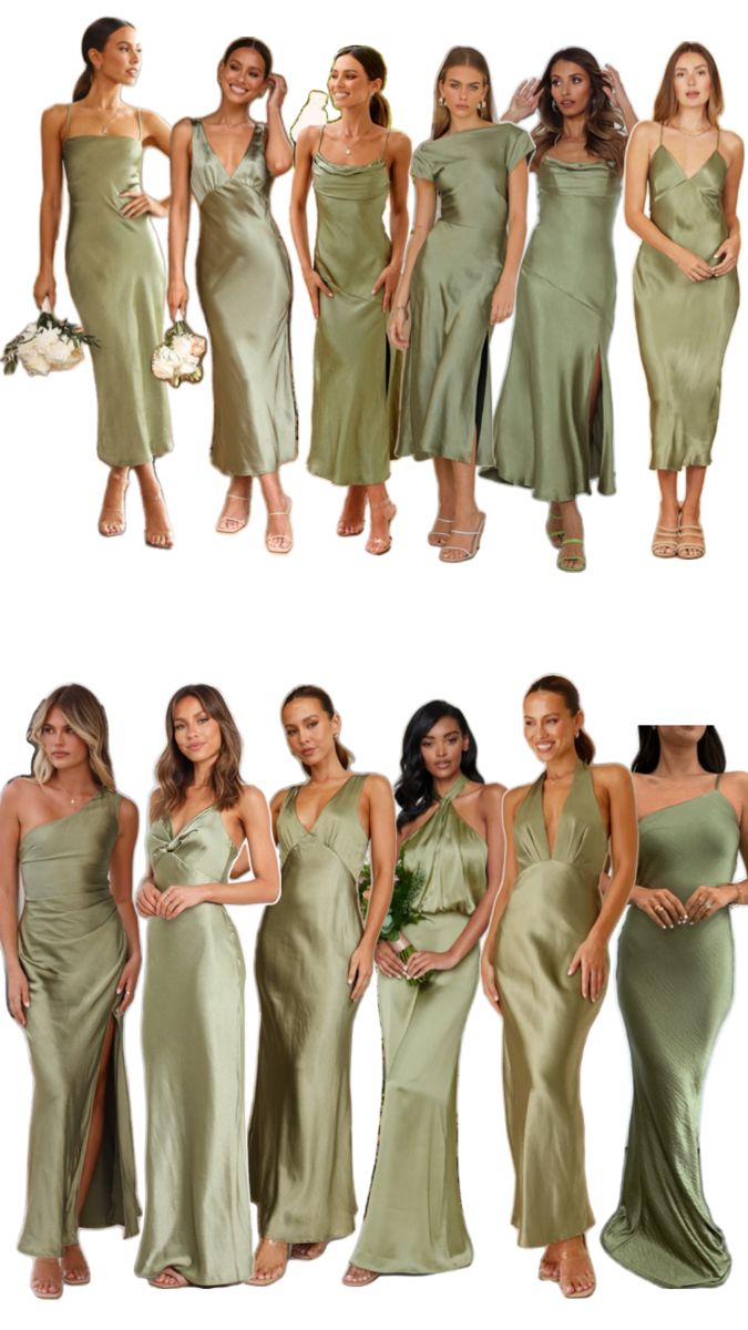 several women in different dresses posing for the same picture, one is wearing a green dress