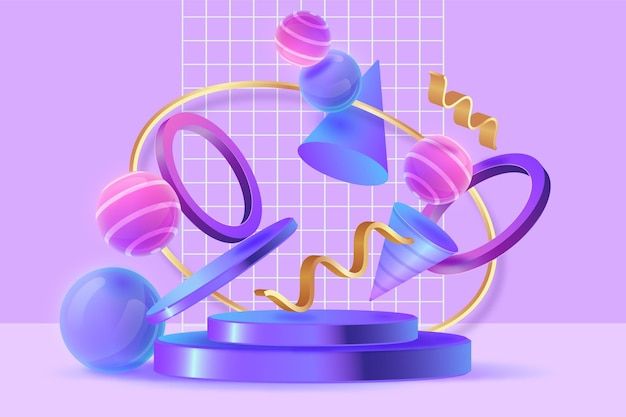 an image of some colorful objects on a purple background with gold and blue ribbons around it