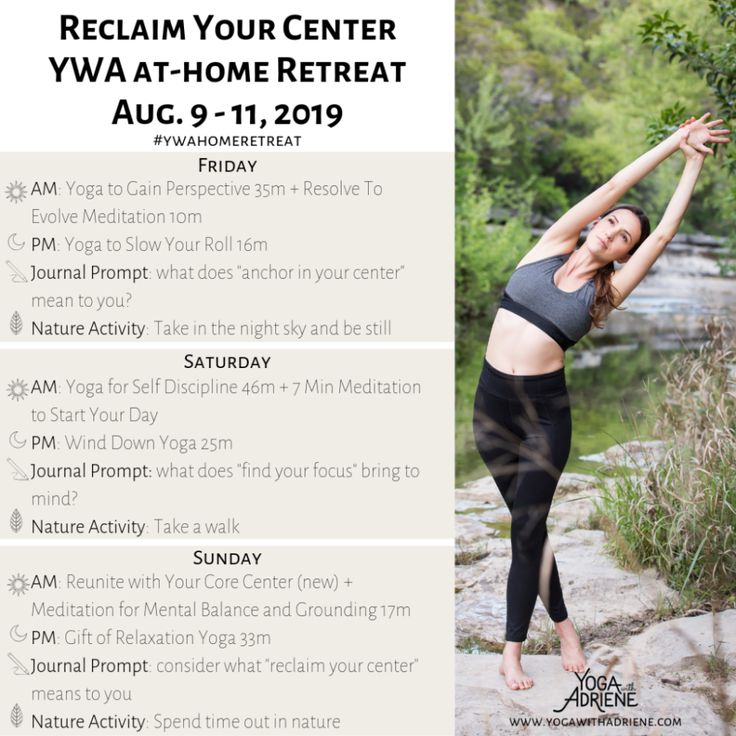 a woman doing yoga in front of a river with the words reclaim your center va at - home retreat