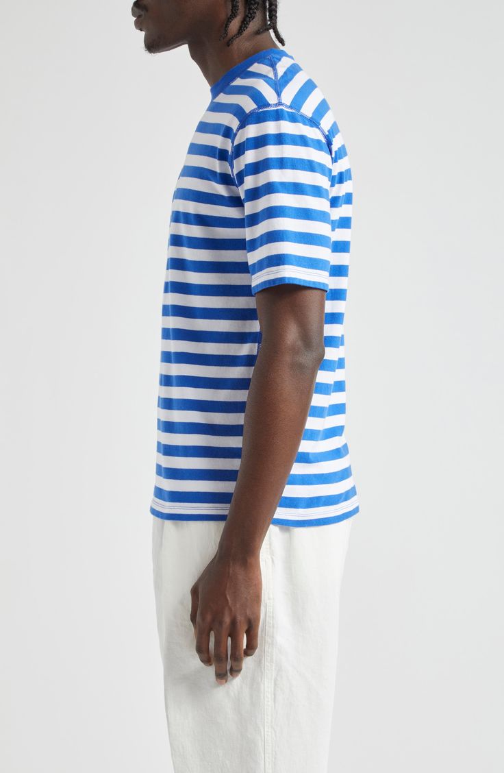 Classic stripes race across this staple cotton T-shirt that can be layered and worn year-round. 26" length (size Medium) Crewneck Short sleeves 100% cotton Machine wash, dry flat Made in Portugal Designer Clothing Blue Tops With Signature Stripes For Summer, Casual Cotton Shirt With Signature Stripes, Summer Cotton Tops With Horizontal Stripes, Cotton Tops With Horizontal Stripes For Summer, Casual Cotton Tops With Signature Stripes, Crew Neck Cotton Top With Signature Stripes, Summer Cotton Tops With Three Stripes, Cotton Summer Tops With Three Stripes, Cotton Shirt With Contrast Stripes And Short Sleeves