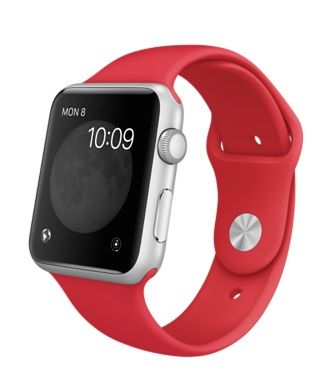 an apple watch with red band