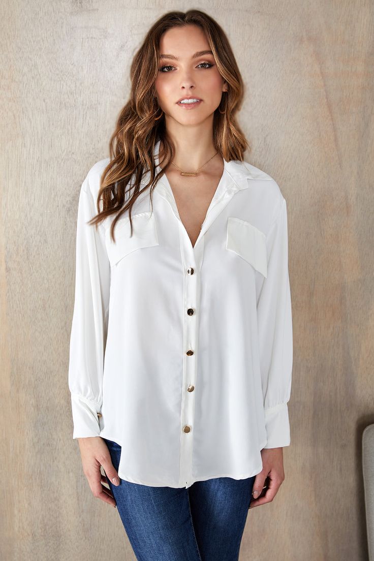 BOTTON DOWN FRONT FLAP POCKET LONG SLEEVE BLOUSE Collared Office Tops With Buttoned Pockets, Office Tops With Collared Buttoned Pockets, Office Tops With Buttoned Pockets And Collar, Collared Tops With Buttoned Pockets For Office, White Button-up Blouse With Buttoned Pockets, Button-up Blouse With Button Back For Work, Workwear Button-up Blouse With Button Back, Chic Blouse With Buttoned Pockets For Day Out, Long Sleeve Tops With Buttoned Pockets For Day Out