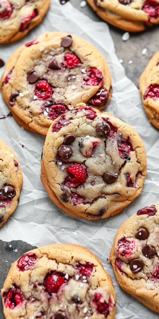 chocolate chip cookies with raspberries and white chocolate chips are on the baking sheet