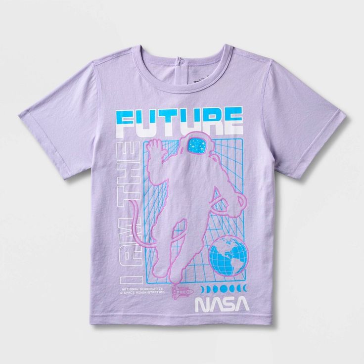 Encourage your kid to dream big with this NASA Adaptive Short-Sleeve Graphic T-Shirt. Made from 100% cotton for cool comfort, this lavender tee features a tagless design. Back snaps allow for easy dressing, while a crewneck with a banded collar offers a classic look. Featuring the NASA logo, an astronaut graphic and the text "I Am the Future," it makes a perfect pairing with any of their favorite joggers. Purple Cotton Tops With Graphic Design, Purple Short Sleeve Shirt With Text Print, Lavender Graphic Tee With Print, Lavender Graphic Cotton Tee, Lavender Cotton Graphic Tee, Lavender Graphic Tee In Cotton, Lavender Tops With Letter Print In Relaxed Fit, Lavender Tops With Letter Print And Relaxed Fit, Lavender Relaxed Fit Top With Letter Print