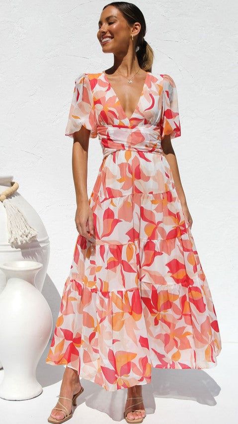 Details: Floral print Short sleeves V neckline Midi dress FIT:Regular fit Non-Stretch through fabricStandard sizingCottonPolyester Size Available: Size Length Bust inch cm inch cm S 47.2 120 33 84 M 47.7 121 34.6 88 L 48 122 36.2 92 XL 48.4 123 37.8 96 Spring V-neck Mini Dress With Abstract Print, Vibrant Print V-neck Maxi Dress For Brunch, Patterned V-neck Maxi Dress With Vibrant Print, Fitted V-neck Printed Dresses, Orange Lined V-neck Dress, Spring Red Maxi Dress With Abstract Print, Red Maxi Dress With Abstract Print For Spring, V-neck Beach Dress With Abstract Print, Fitted Printed Midi Dress For Vacation