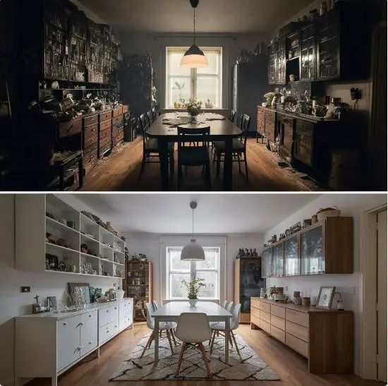 two pictures of a dining room and kitchen in one photo, the other is empty