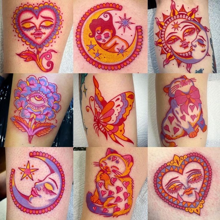 many different colored tattoos on the arms and legs, all with images of women's faces