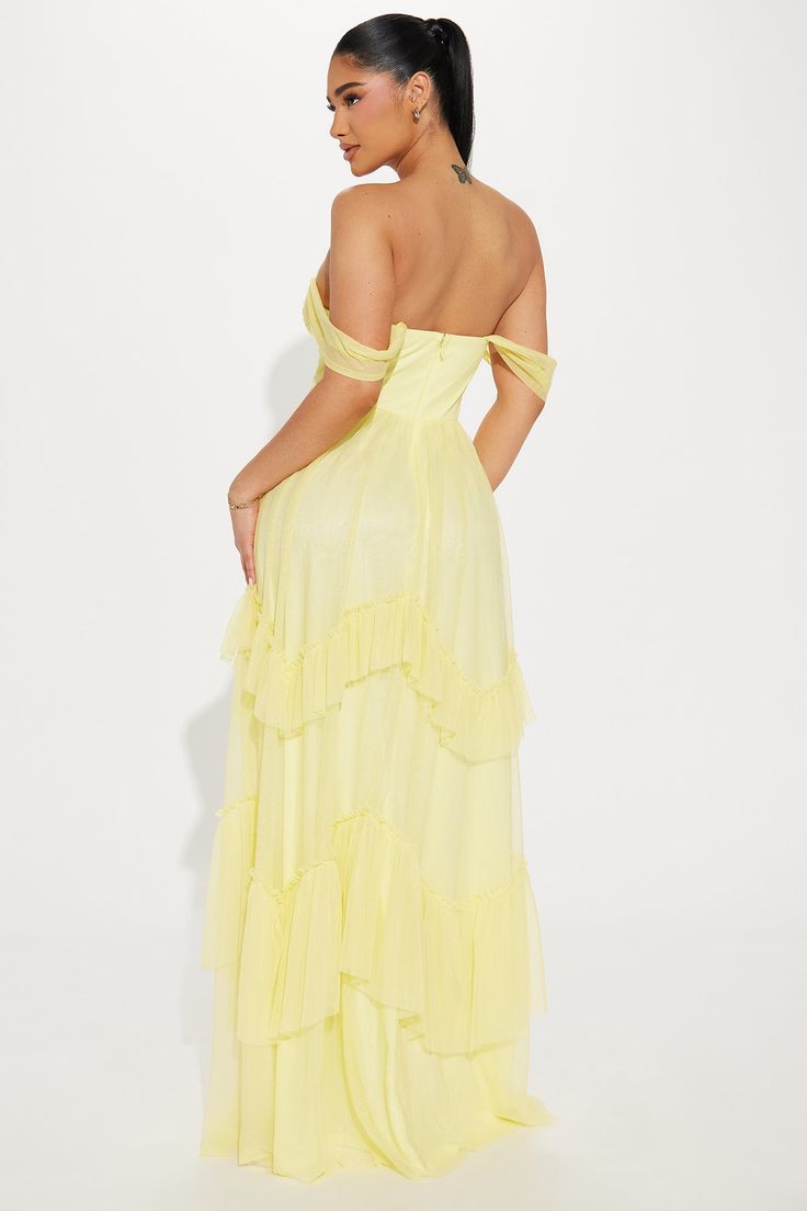 Available In Yellow. Chiffon Gown Off Shoulder Short Sleeves Padded Bra Cups Tiered Skirt Ruffle Trim Hidden Back Zipper Lined Stretch Self: 100% Polyester Lining: 100% Polyester Imported | Enchanted Night Chiffon Gown Dress in Yellow size Large by Fashion Nova Light Yellow Maxi Dress, Gown Off Shoulder, Enchanted Night, Yellow Maxi Dress, Skirt Ruffle, Service Women, Strapless Gown, Chiffon Gown, Padded Bra