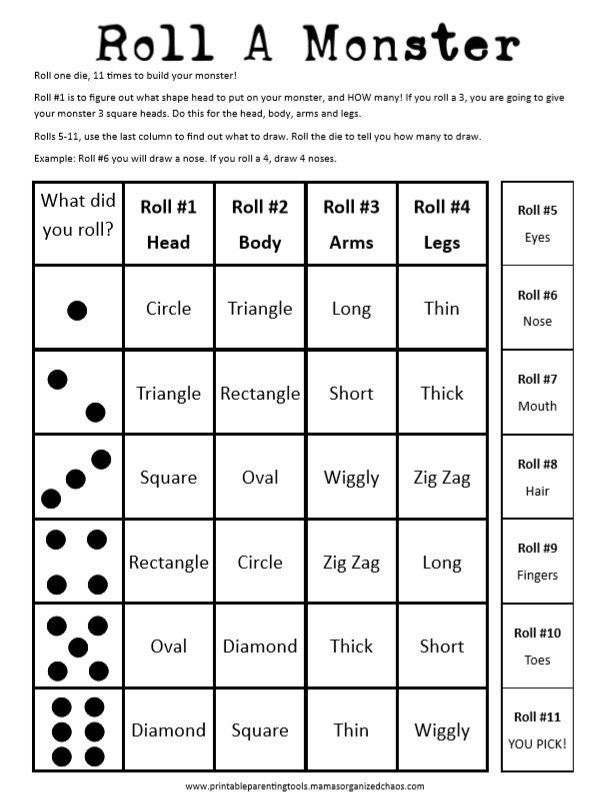 a printable roll a monster game with black dots on white paper and the words roll a