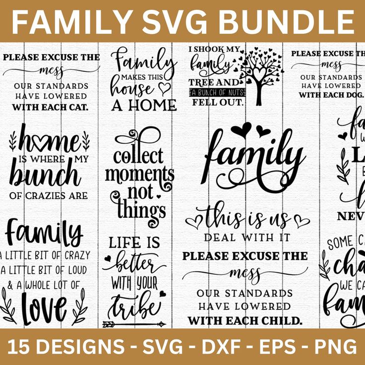 the family svg bundle is shown in black and white