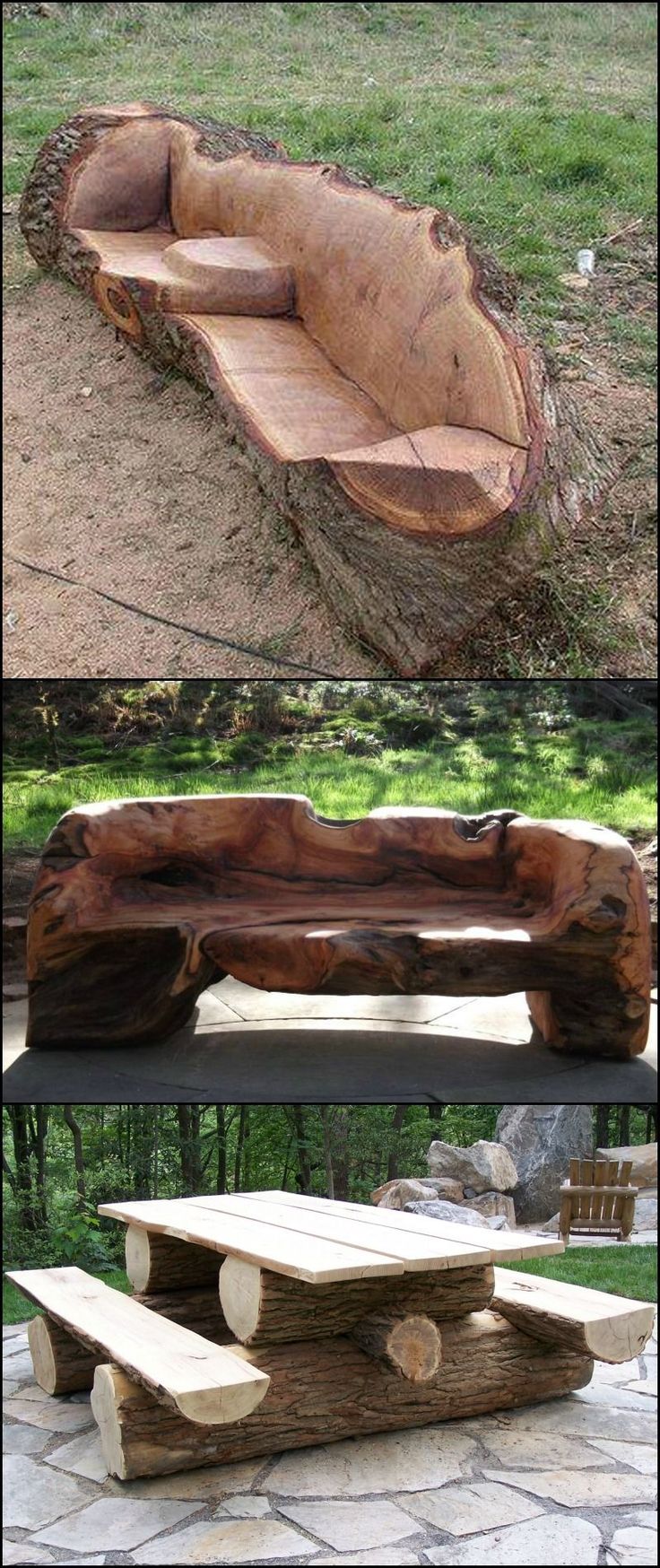 two pictures showing different types of benches made out of tree trunks and wood planks